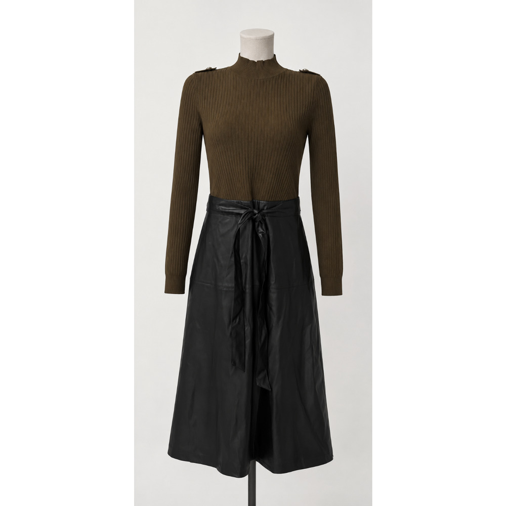 WHITE HOUSE BLACK MARKET WHBM DARK WILLOW LONG SLEEVE FAUX LEATHER MIDI DRESS 0